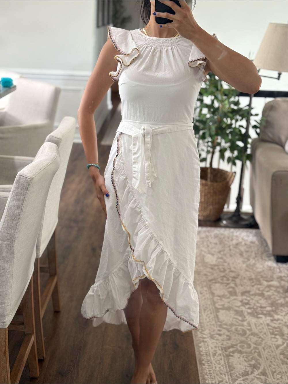 SAYLOR from Revolve White Ruffled Wrap Midi Dress with Belt